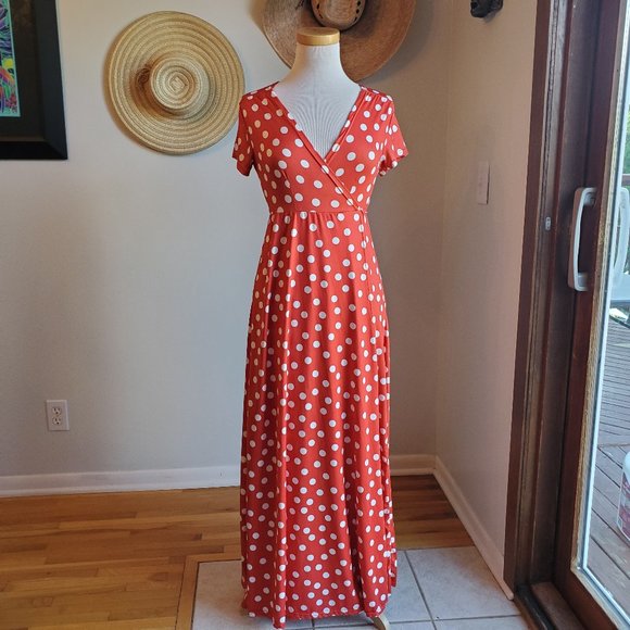 None Dresses & Skirts - Red Polka Dot Maxi Dress Short Sleeve Back Tie